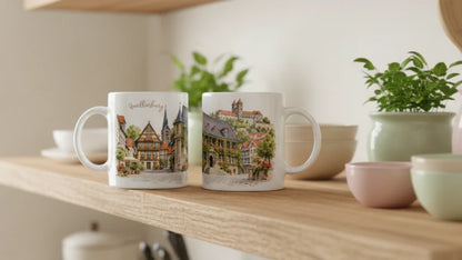 Aquarellmotiv aus der Serie Harzgeschichten mit feinen Architekturzeichnungen, warmen Sandsteintoenen, begruentem Rathaus und farbenfrohen Blueten in Quedlinburg