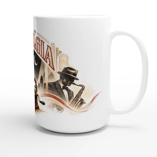 Vintage-Illustration The Sound of Nostalgia mit goldenem Grammophon, Schallplatte, eleganter Sängerin und Saxophonspieler vor einer nächtlichen Skyline im Art-déco-Stil