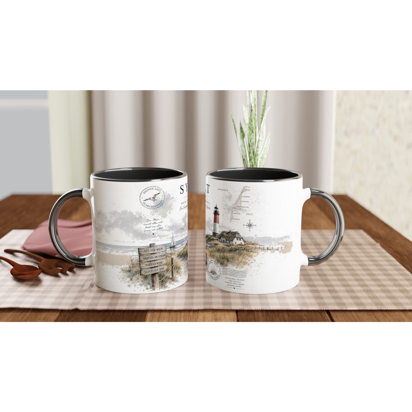 Sylt Black Edition Tasse 330 ml mit schwarzem Henkel, Leuchtturm Illustration und nordischem Küstenmotiv