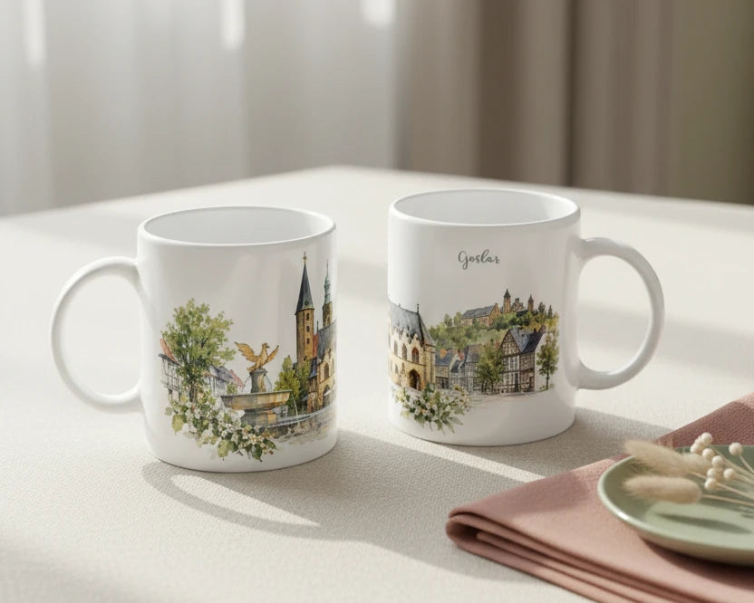 Blaue Goslar Keramiktasse mit Aquarellmotiv der historischen Altstadt und markanten Architektur aus der Serie Harzgeschichten