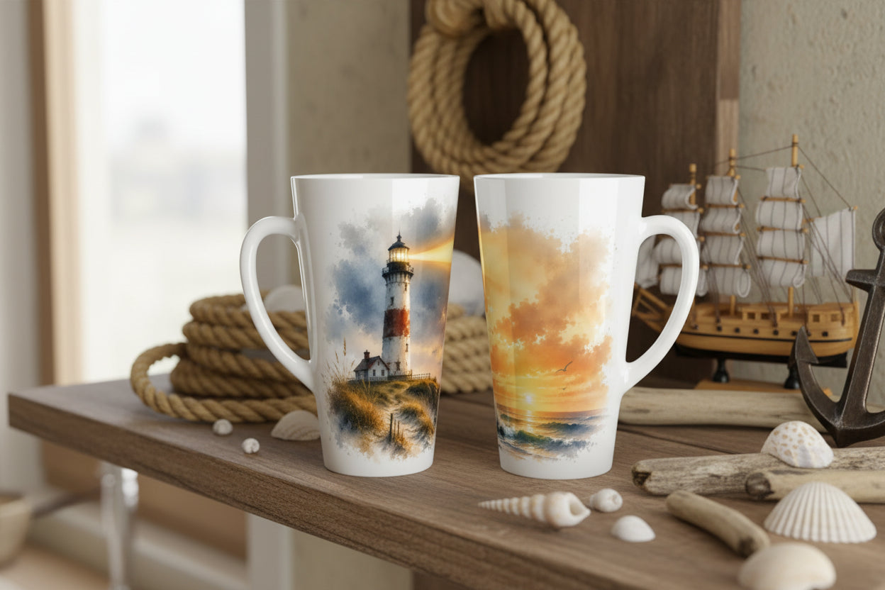 Latte Tasse mit warmer Küstenszene für Menschen die Meer und Leuchttürme lieben