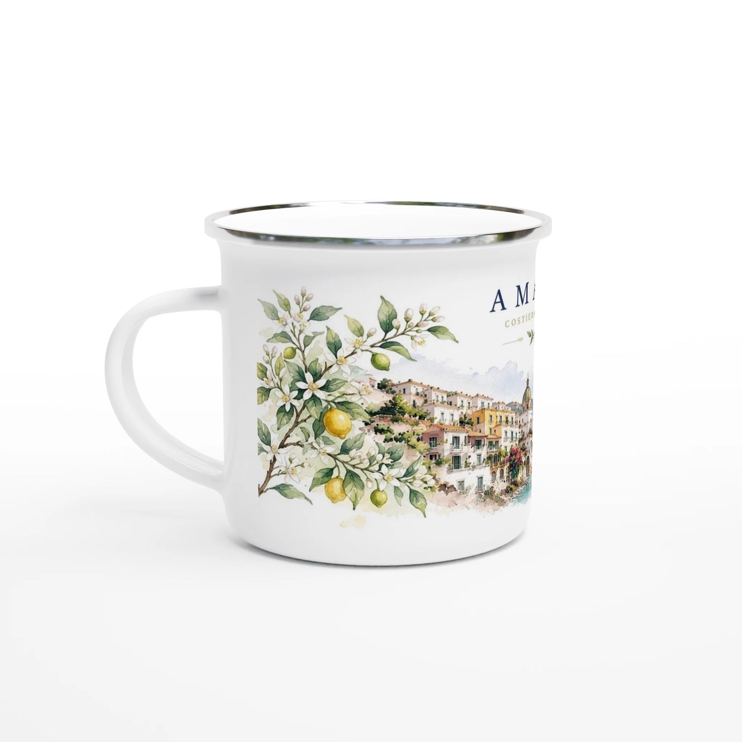 Weißer Emaille-Becher mit Amalfi Aquarellmotiv und mediterraner Küstenlandschaft