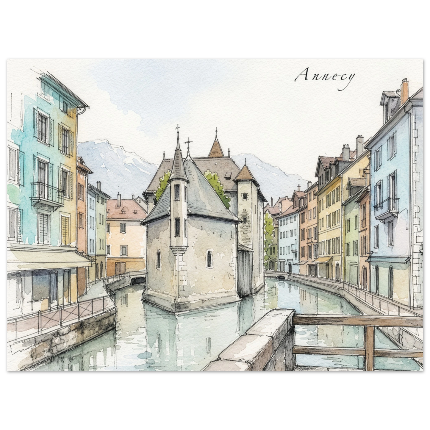 Annecy Kunstdruck mit dem Palais de l’Île am Kanal in zarten Aquarellfarben