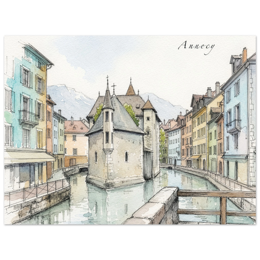 Annecy Kunstdruck mit dem Palais de l’Île am Kanal in zarten Aquarellfarben