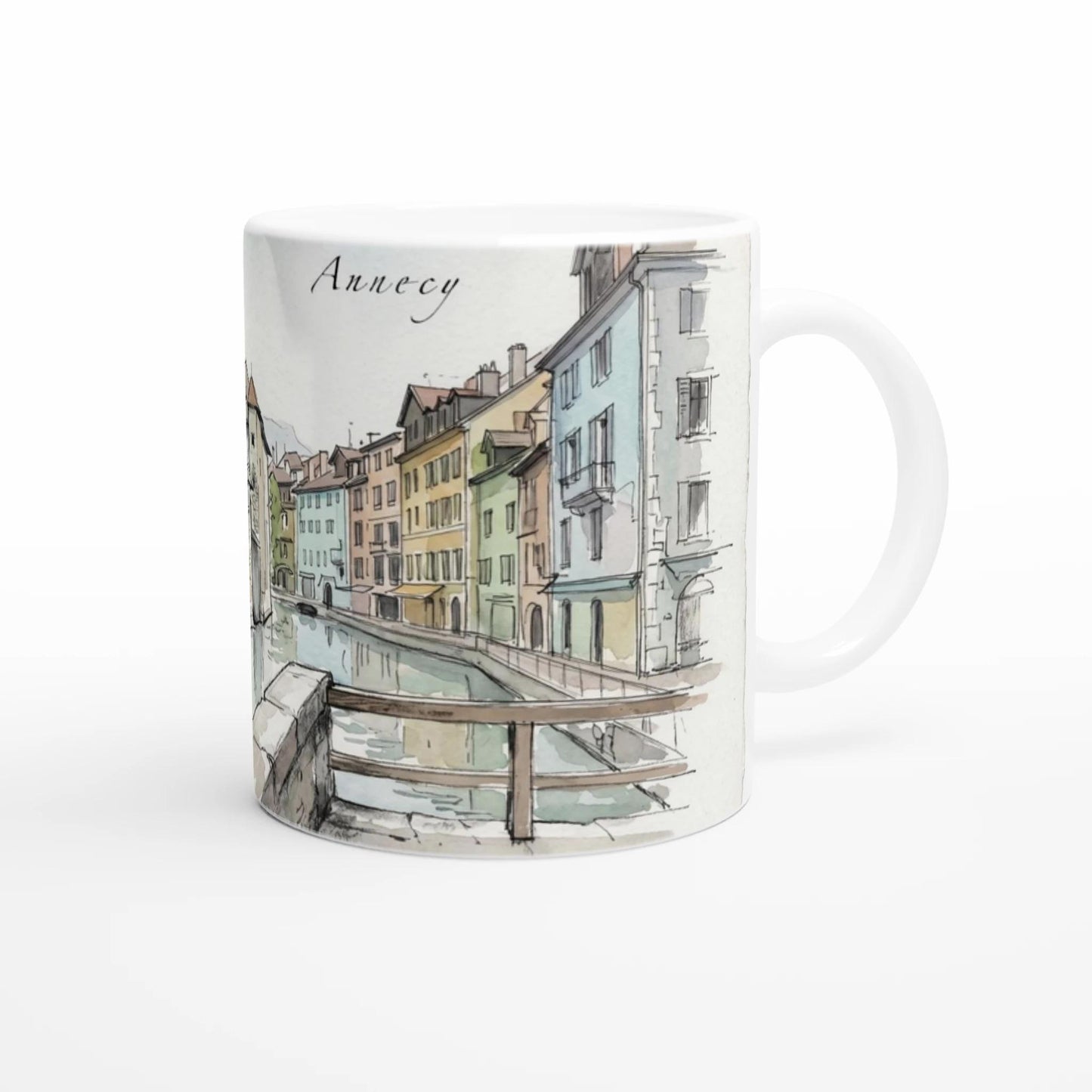 Annecy Tasse mit romantischer Altstadt, Kanaelen und Alpenkulisse im detailreichen Aquarellstil