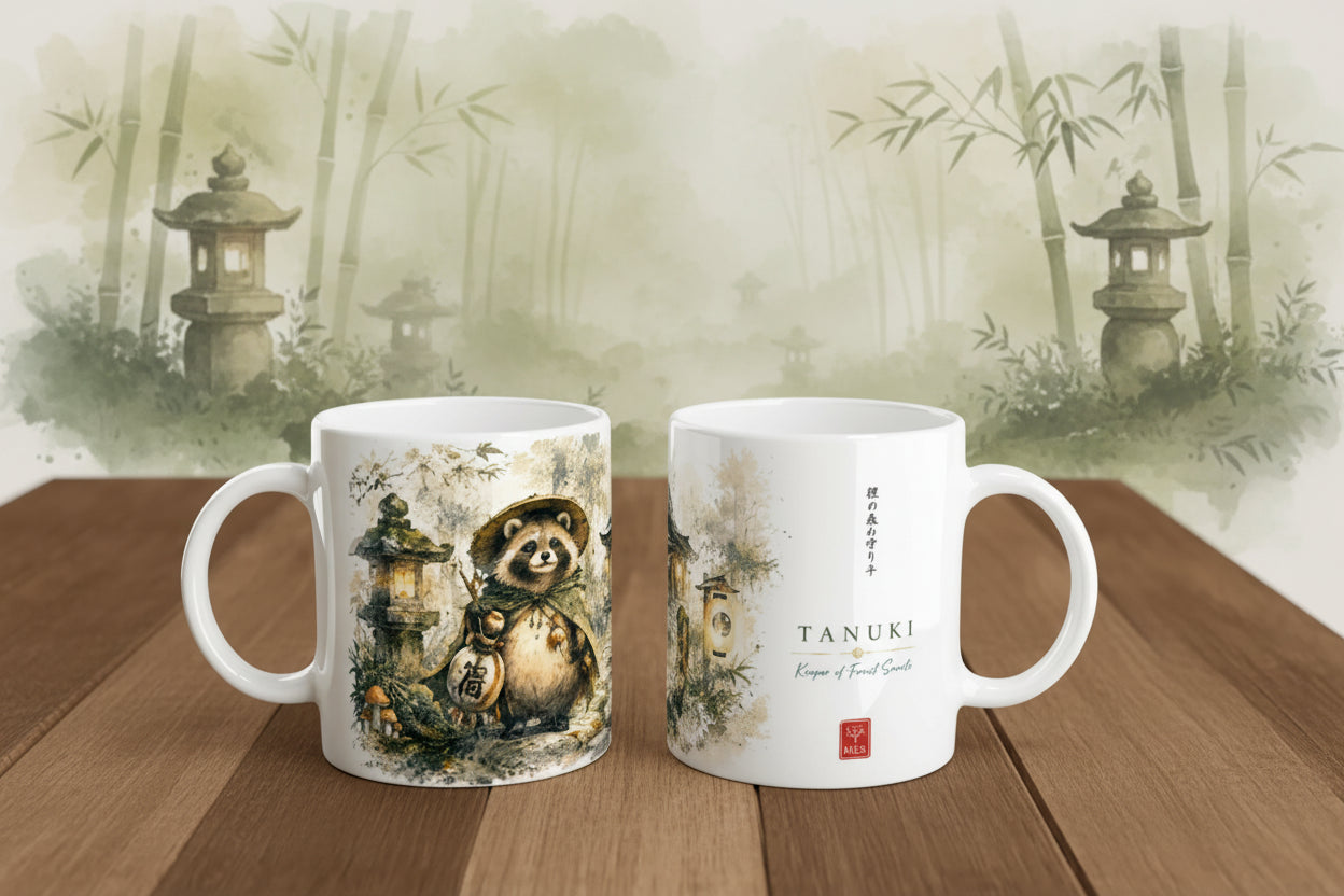 Mystisches Waldmotiv mit Laternen und traditioneller Japan Atmosphäre