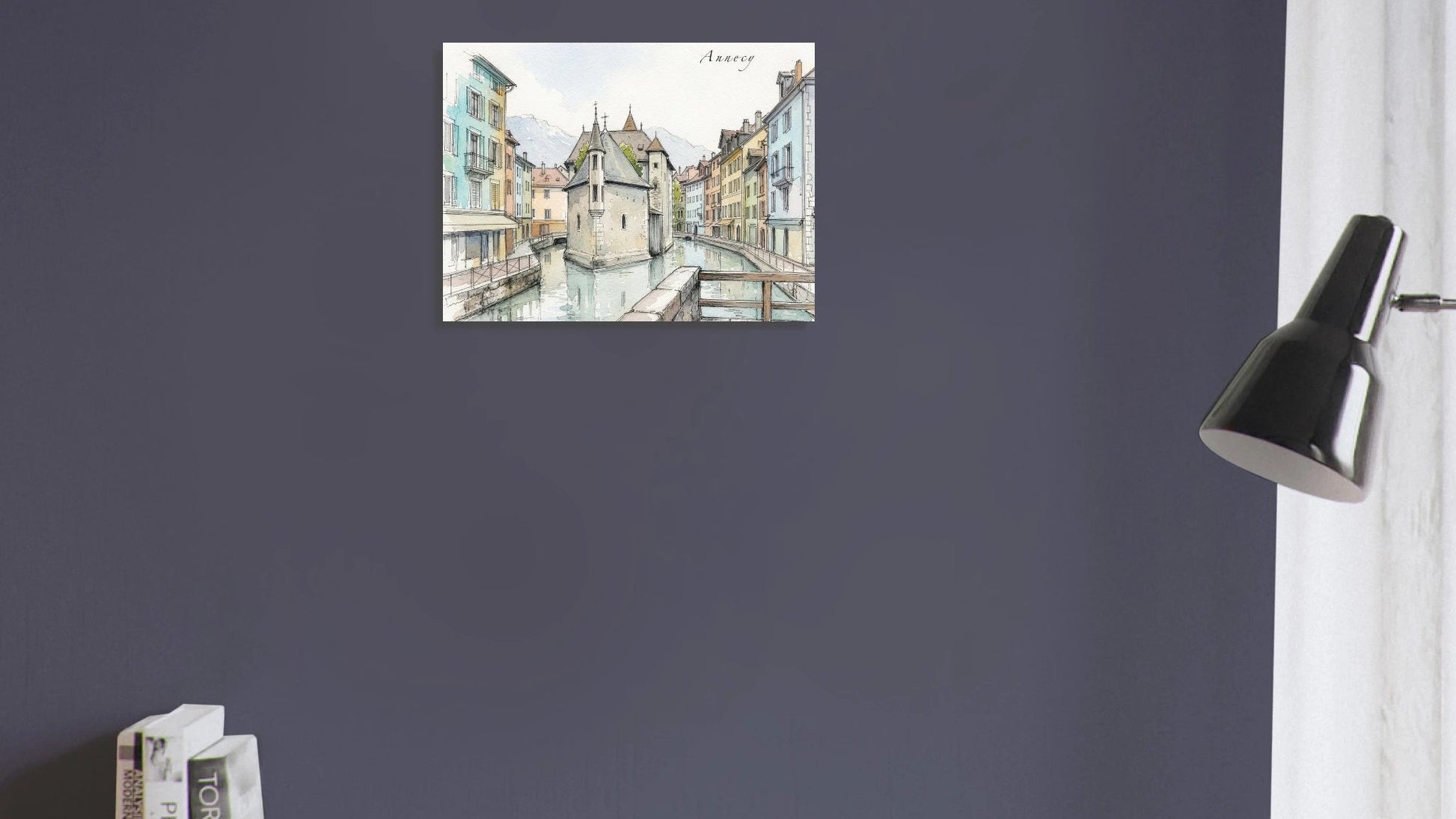 Detailreicher Fine-Art-Druck von Annecy in Blau, Ocker und sanftem Terrakotta