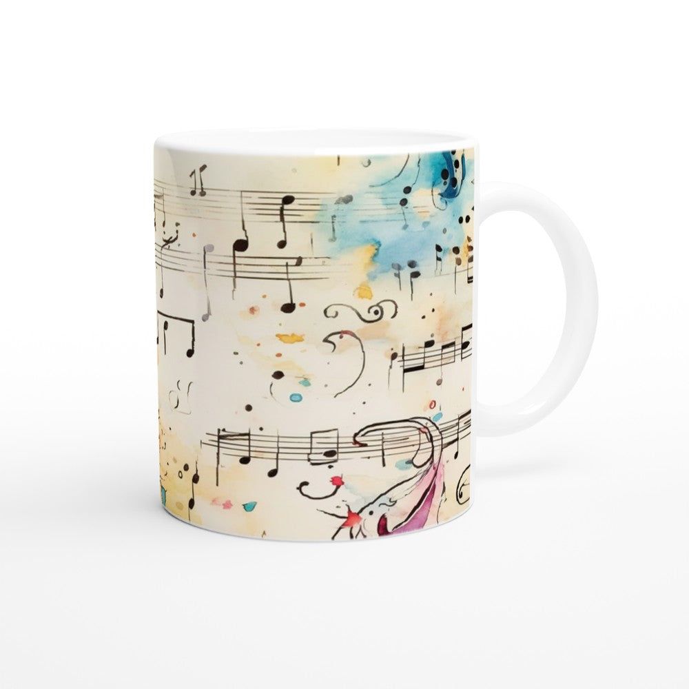 Aquarellmotiv mit Violinschlüssel und Musiknoten auf weißem Keramikbecher