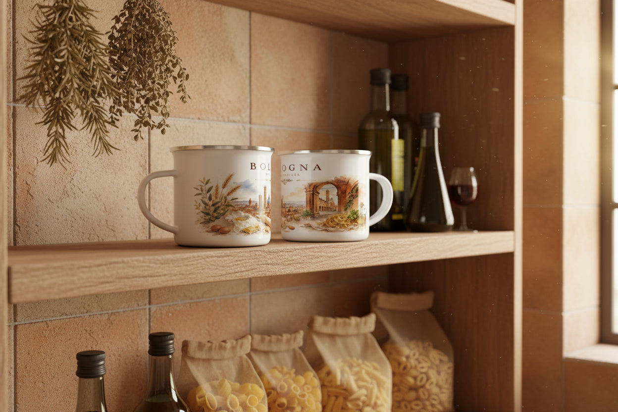 Bologna Illustration mit Nudelholz, Mehl und frischer Pasta