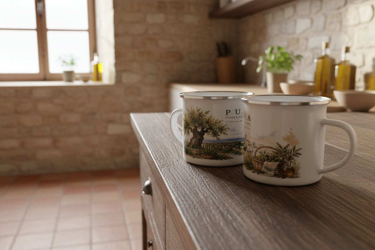 Detailreiche Illustration der Region Puglia mit traditionellen Olivenhainen, historischen Olivenbaeumen und typischer Architektur auf einem hochwertigen Emaille-Becher.