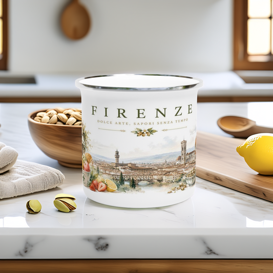 Panorama von Florenz mit Dom, Arno, Gelateria und italienischer Lebensart als elegante Aquarellillustration auf weissem Emaille-Becher.