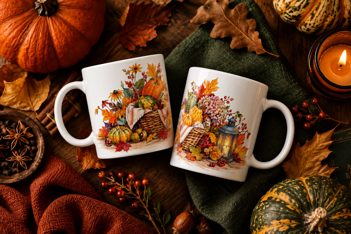 Herbstliche 330-ml-Tasse mit Kürbiskorb, buntem Laub, Laterne und Blüten sowie dem englischen Schriftzug Autumn Harvest