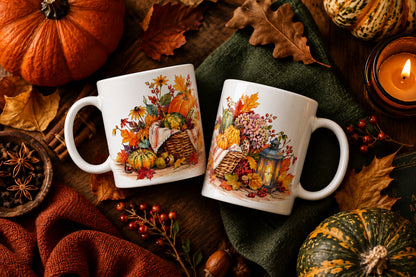 Herbstliche 330-ml-Tasse mit Kürbiskorb, buntem Laub, Laterne und Blüten sowie dem englischen Schriftzug Autumn Harvest