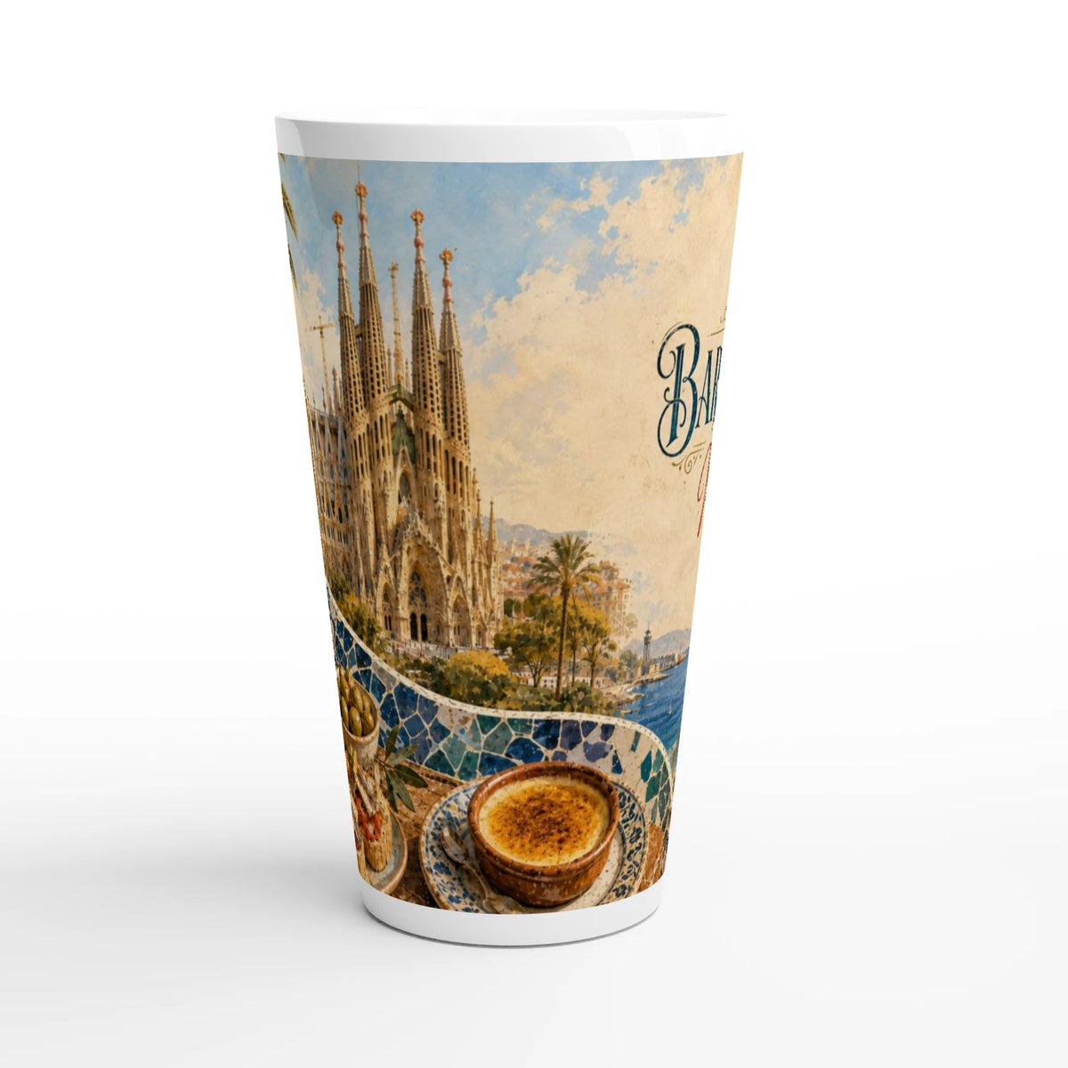 Barcelona Latte Tasse 440 ml mit Sagrada Familia, Mittelmeer und mediterraner Cafe Szene