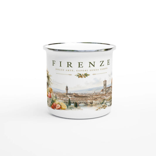 Aquarellmotiv der Stadt Florenz mit historischem Panorama, Pistazieneis, Zitronen und mediterranen Elementen auf einem hochwertigen Emaille-Becher.