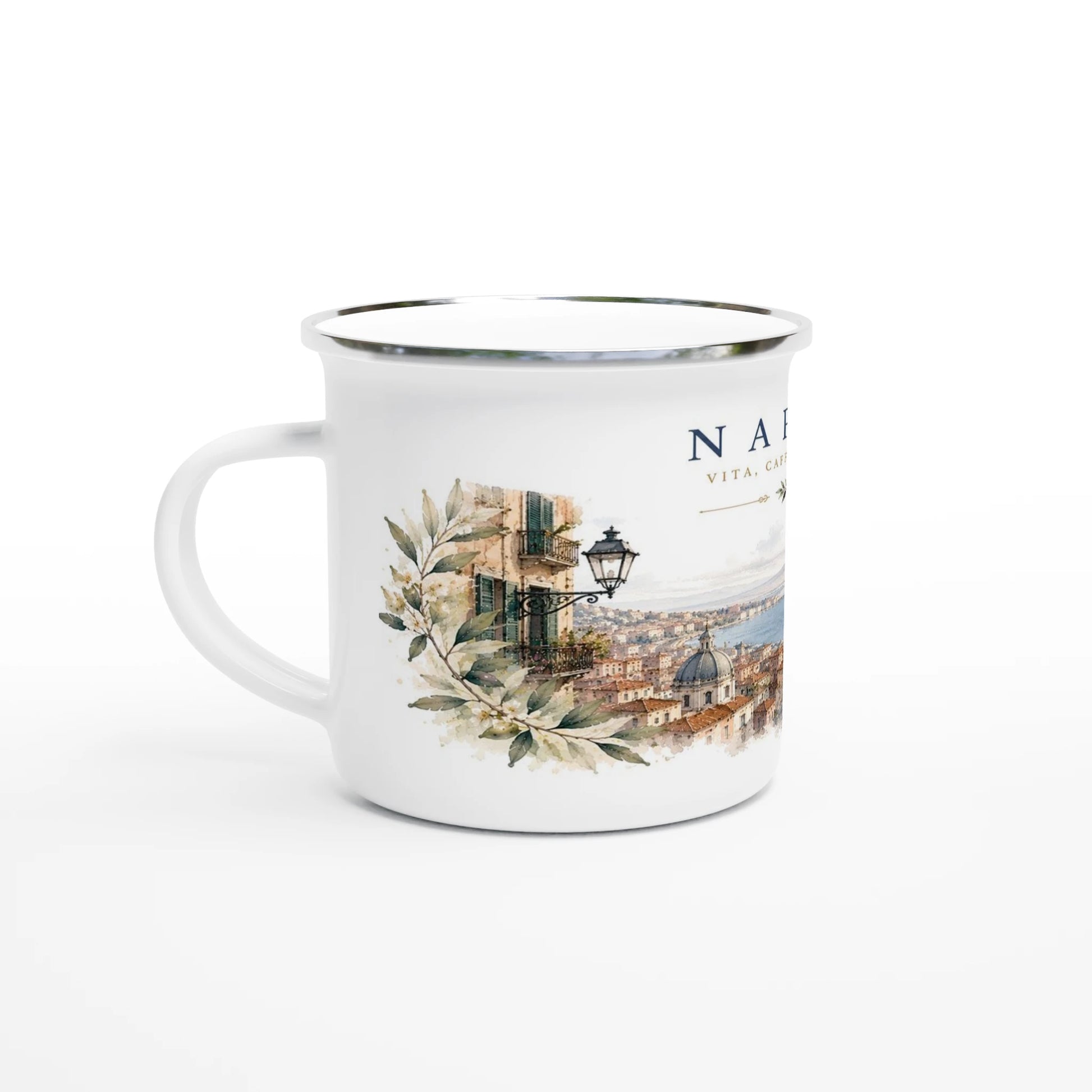 Weißer Emaille-Becher mit Napoli Aquarellmotiv und Vesuv