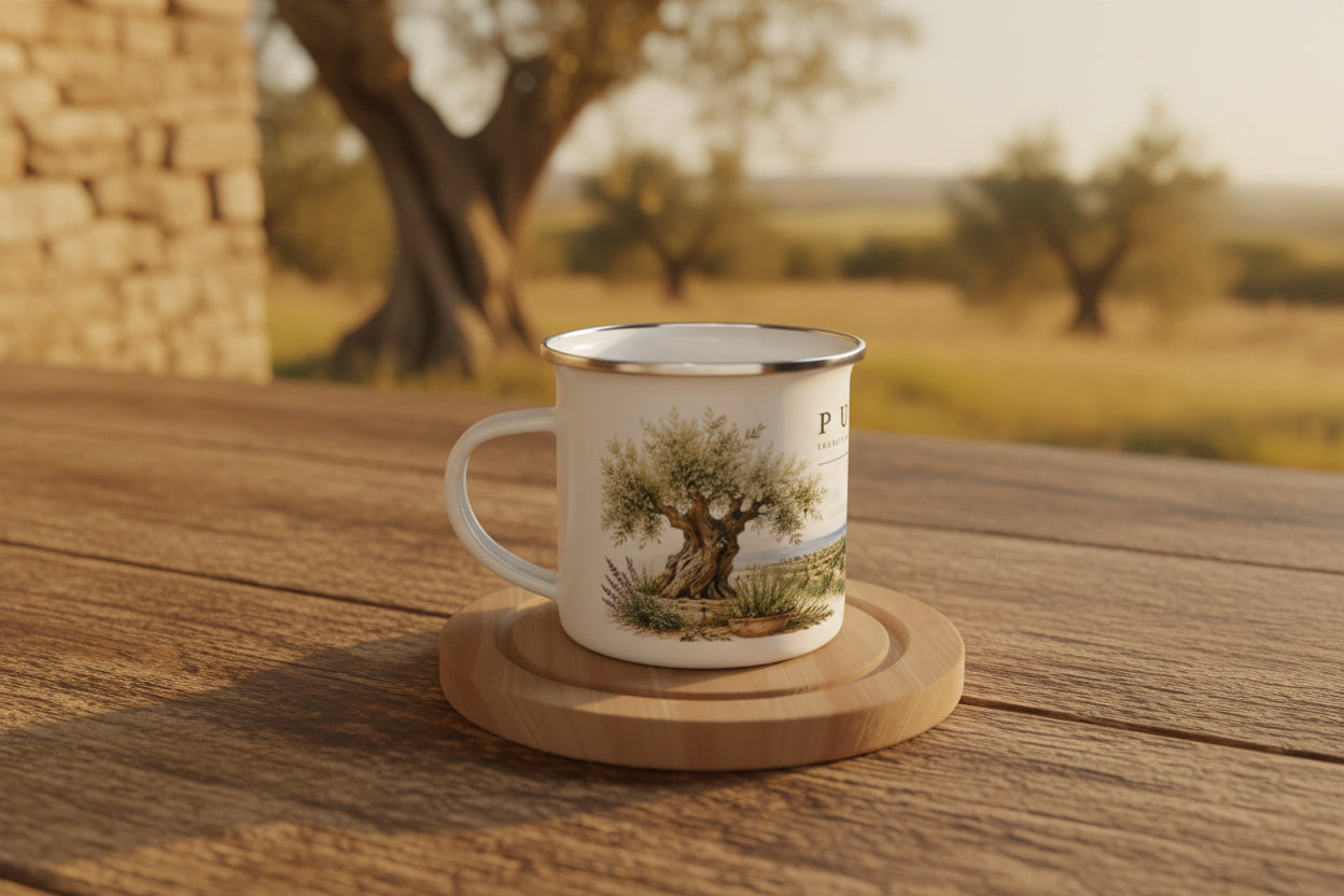 Liebevoll gestaltetes Puglia-Motiv mit uralten Olivenbaeumen, mediterranen Kraeutern, Olivenkorb und einer sonnenverwöhnten Landschaft im Sueden Italiens.