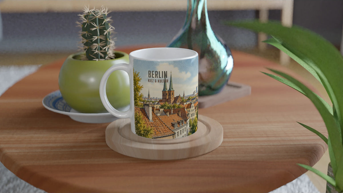 Keramiktasse mit Berliner Altstadtpanorama als Geschenkidee für Berlin-Fans, Städtereisende, Architekturfreunde und Liebhaber urbaner Stadtansichten.
