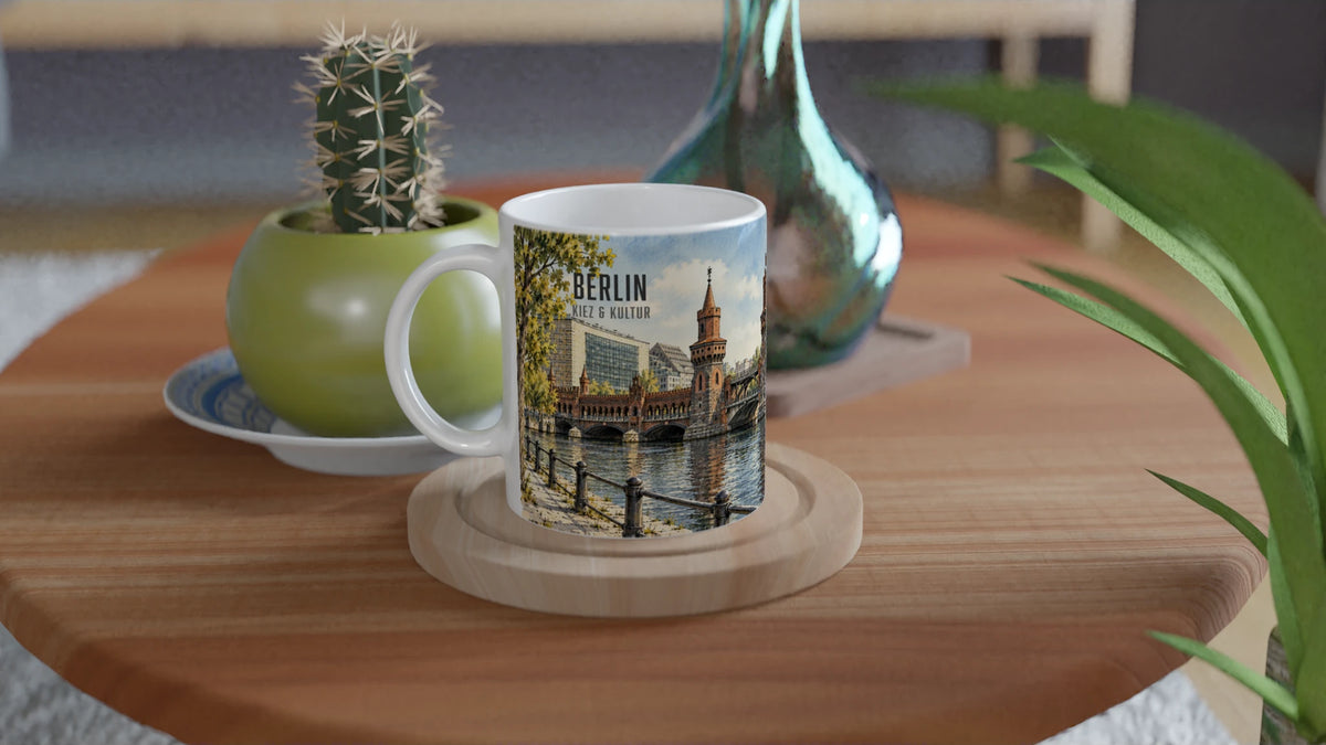 Keramiktasse mit Oberbaumbrücke und Spree als Geschenkidee für Berlin-Liebhaber, Städtereisende sowie Freunde von Friedrichshain und Kreuzberg.