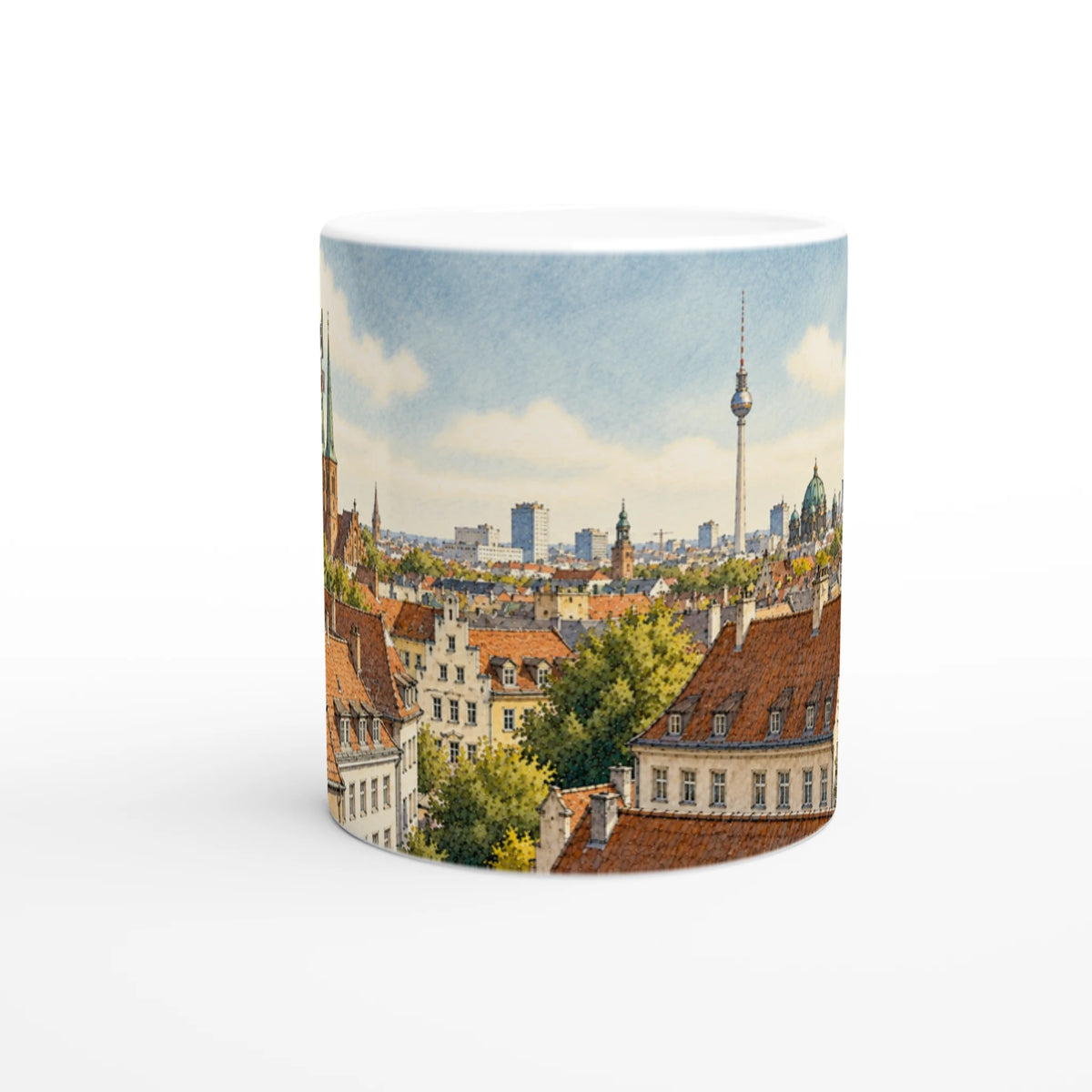 Berlin Souvenir Tasse 330 ml mit weitem Stadtpanorama, roten Dächern, historischen Kirchtürmen und Fernsehturm als Reiseerinnerung.