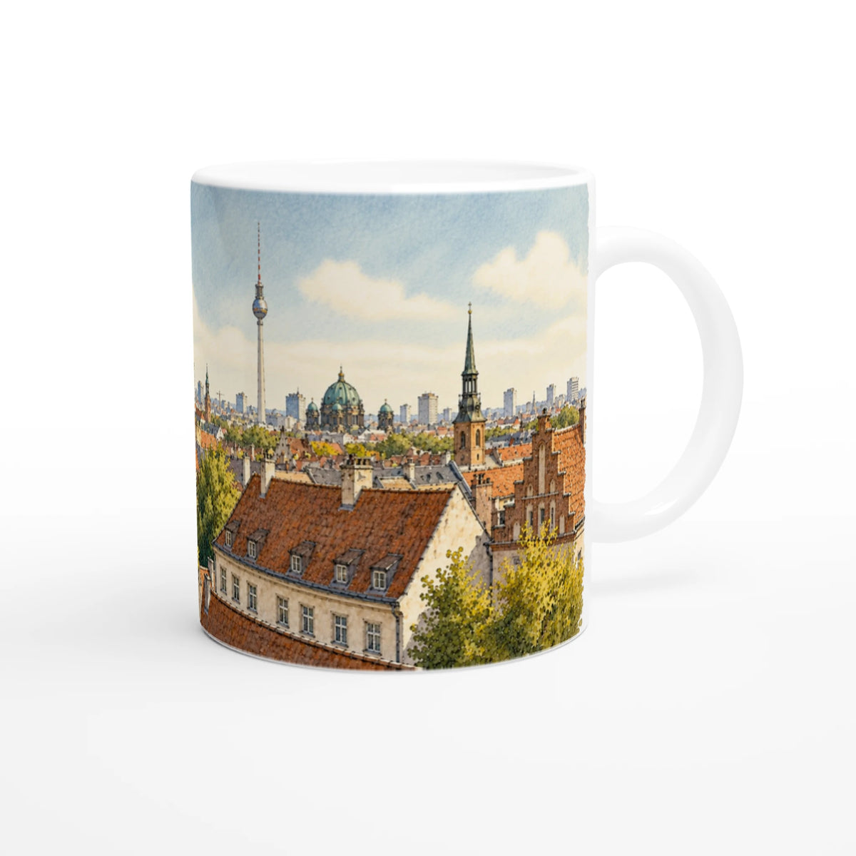 Detailreiche Berlin Illustration mit historischen Ziegeldächern, Baumkronen, mehreren Kirchtürmen und dem Fernsehturm in der Stadtsilhouette.