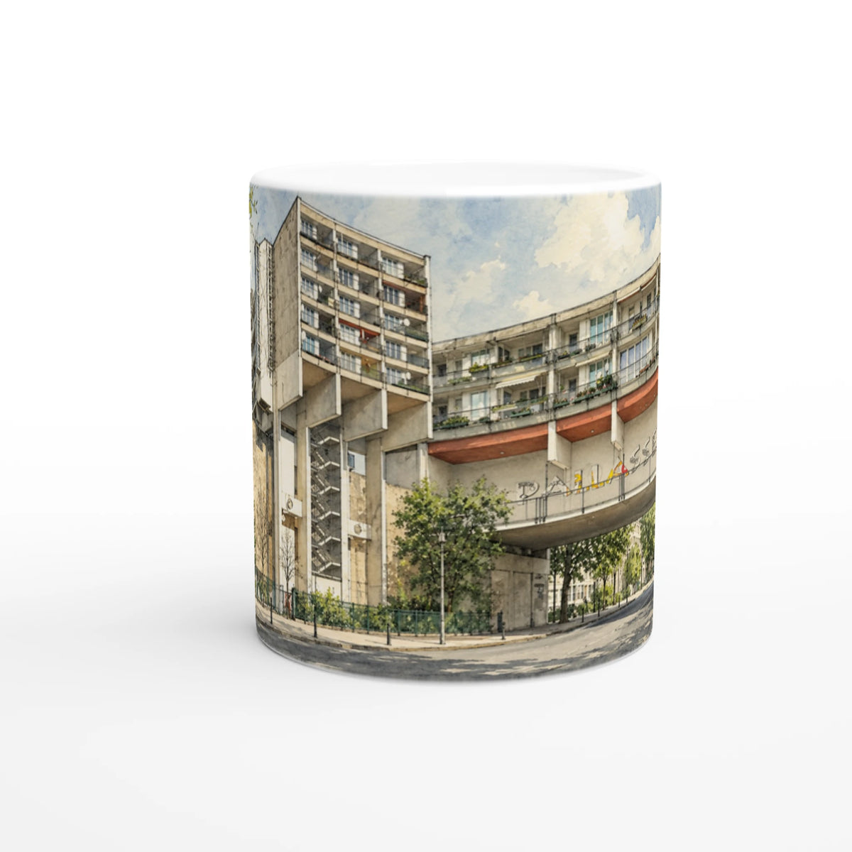 Aquarell Stadtansicht des Pallasseums in Schöneberg mit markanter Wohnarchitektur der 1970er Jahre, Straßenraum, Bäumen und Balkonen.