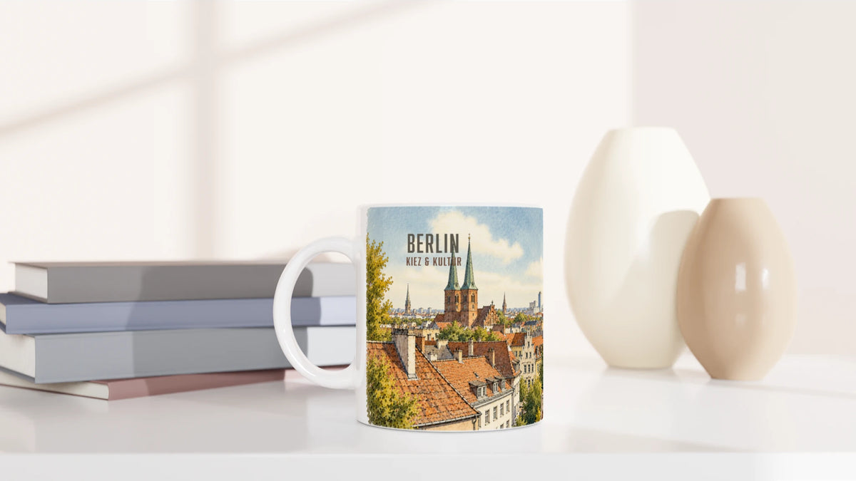 Panoramisches Berlin Motiv mit historischer Architektur im Vordergrund und Fernsehturm als markantem modernen Wahrzeichen im Hintergrund.