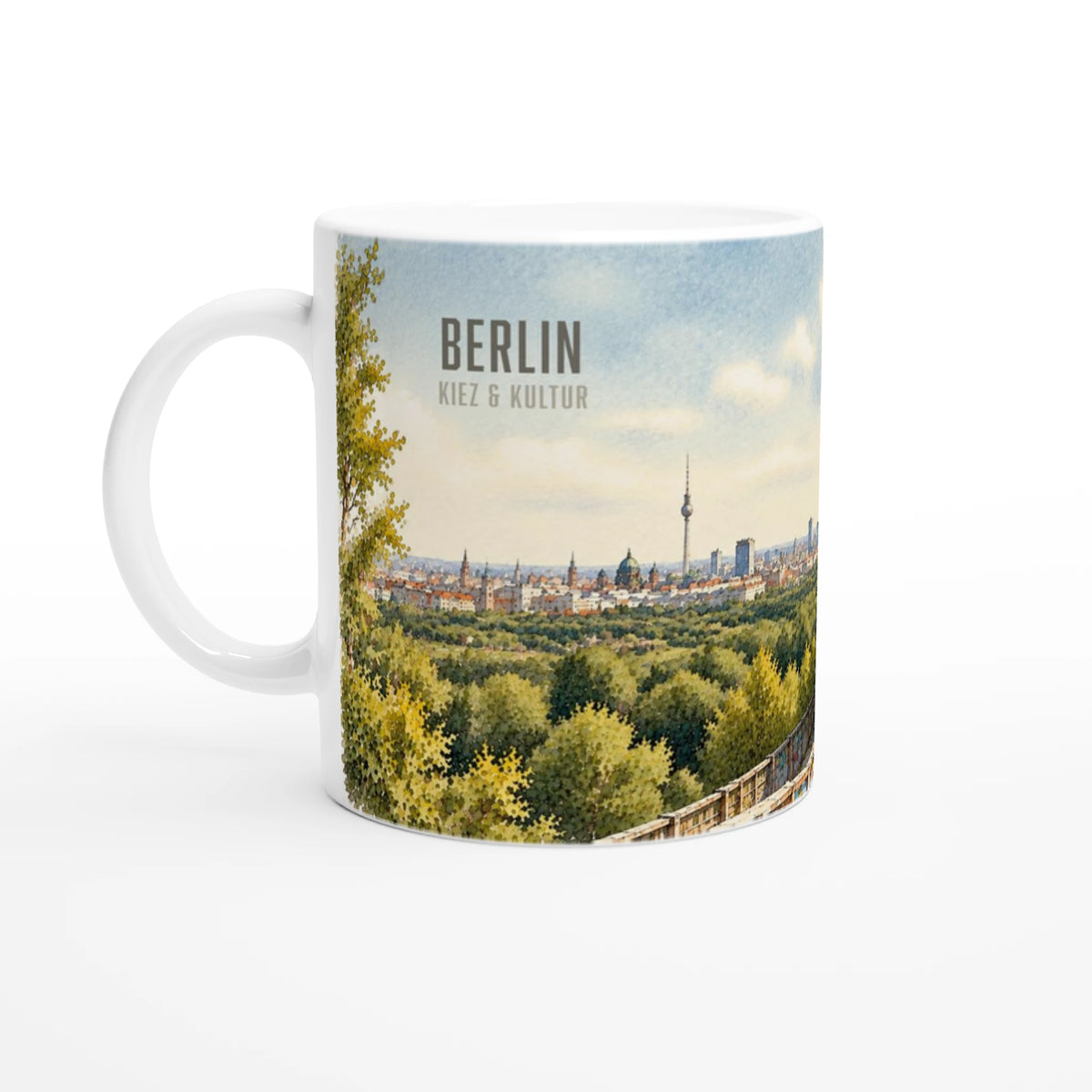 Weiße Keramiktasse 330 ml mit Aquarellmotiv des Berliner Teufelsbergs, den markanten Radarkuppeln, Street Art, Grunewald und Skyline mit Fernsehturm.