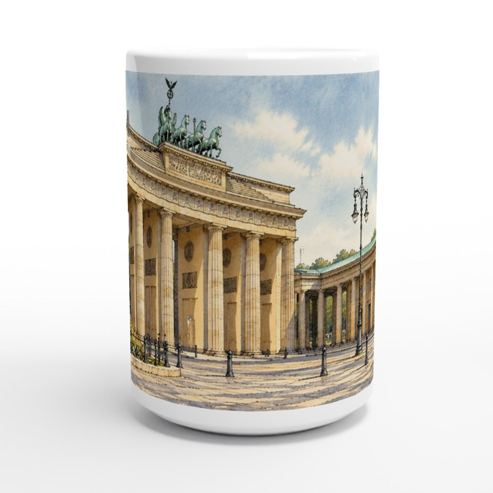 Künstlerisches Berlin-Motiv mit Brandenburger Tor, feinen Zeichnungslinien, transparenten Aquarellfarben und heller Stadtansicht