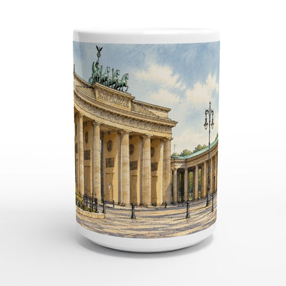 Künstlerisches Berlin-Motiv mit Brandenburger Tor, feinen Zeichnungslinien, transparenten Aquarellfarben und heller Stadtansicht