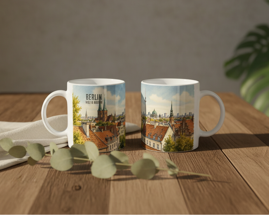 Aquarell Stadtansicht über Berlins historische Dachlandschaft mit warmen Rot- und Ockertönen, Altbauten und urbanem Horizont.