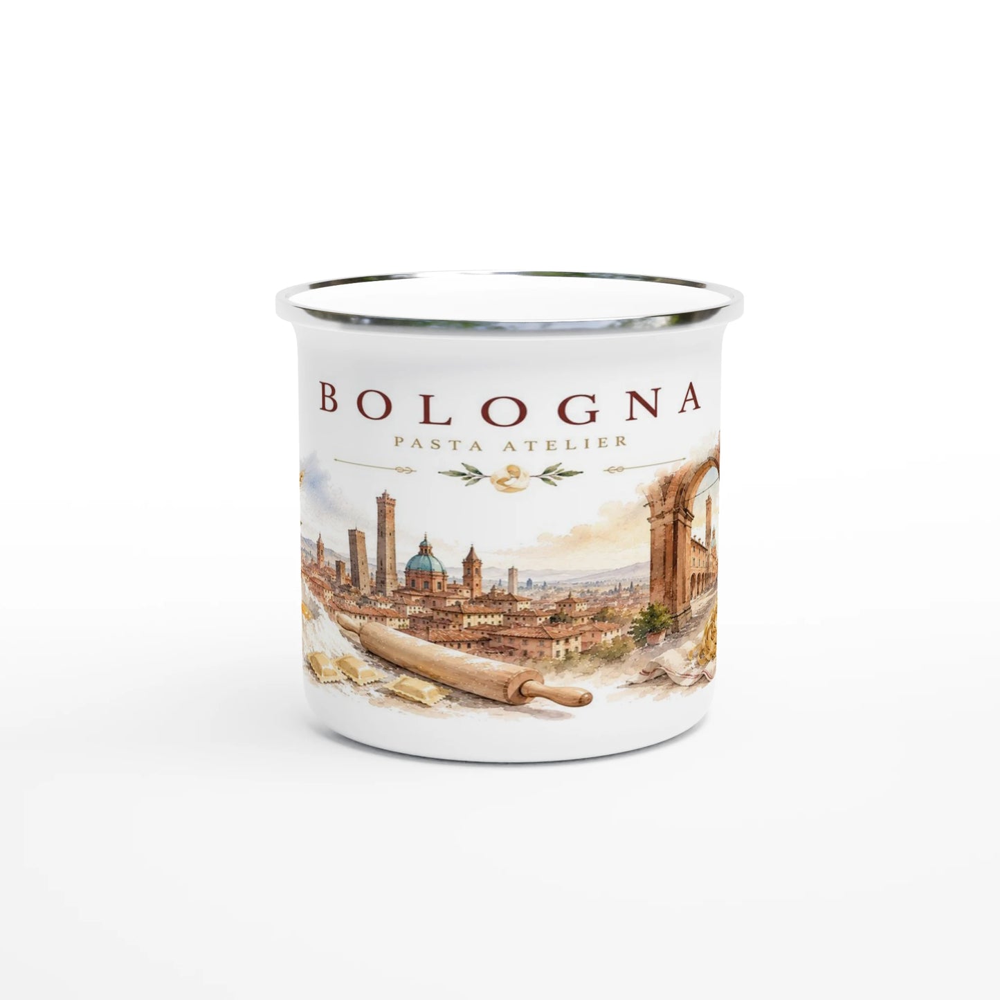 Weißer Emaille-Becher mit Bologna Aquarellmotiv und Pasta Atelier