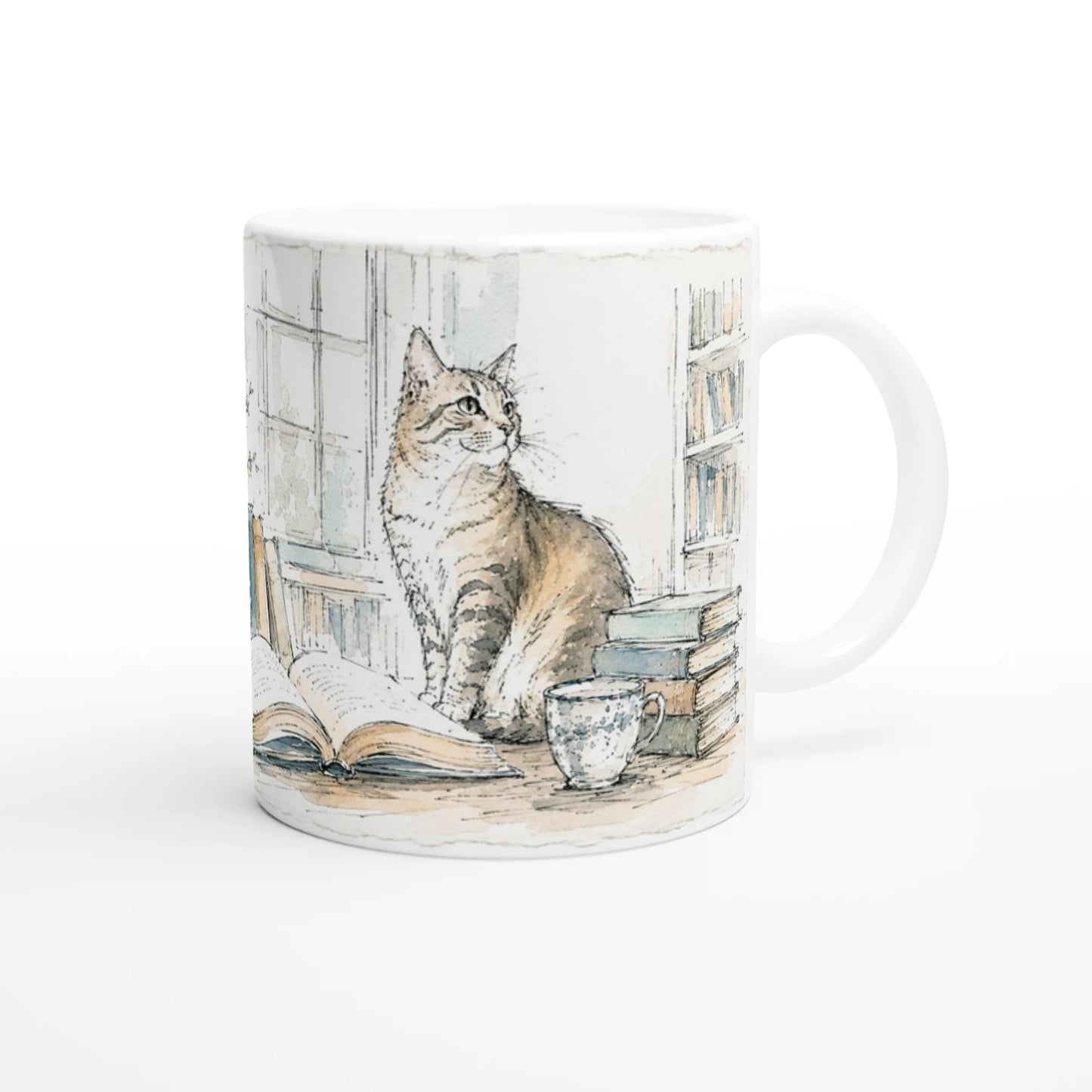 Bookshop Cat Tasse mit Katze zwischen offenen Buechern und gemuetlicher Bibliotheksatmosphaere