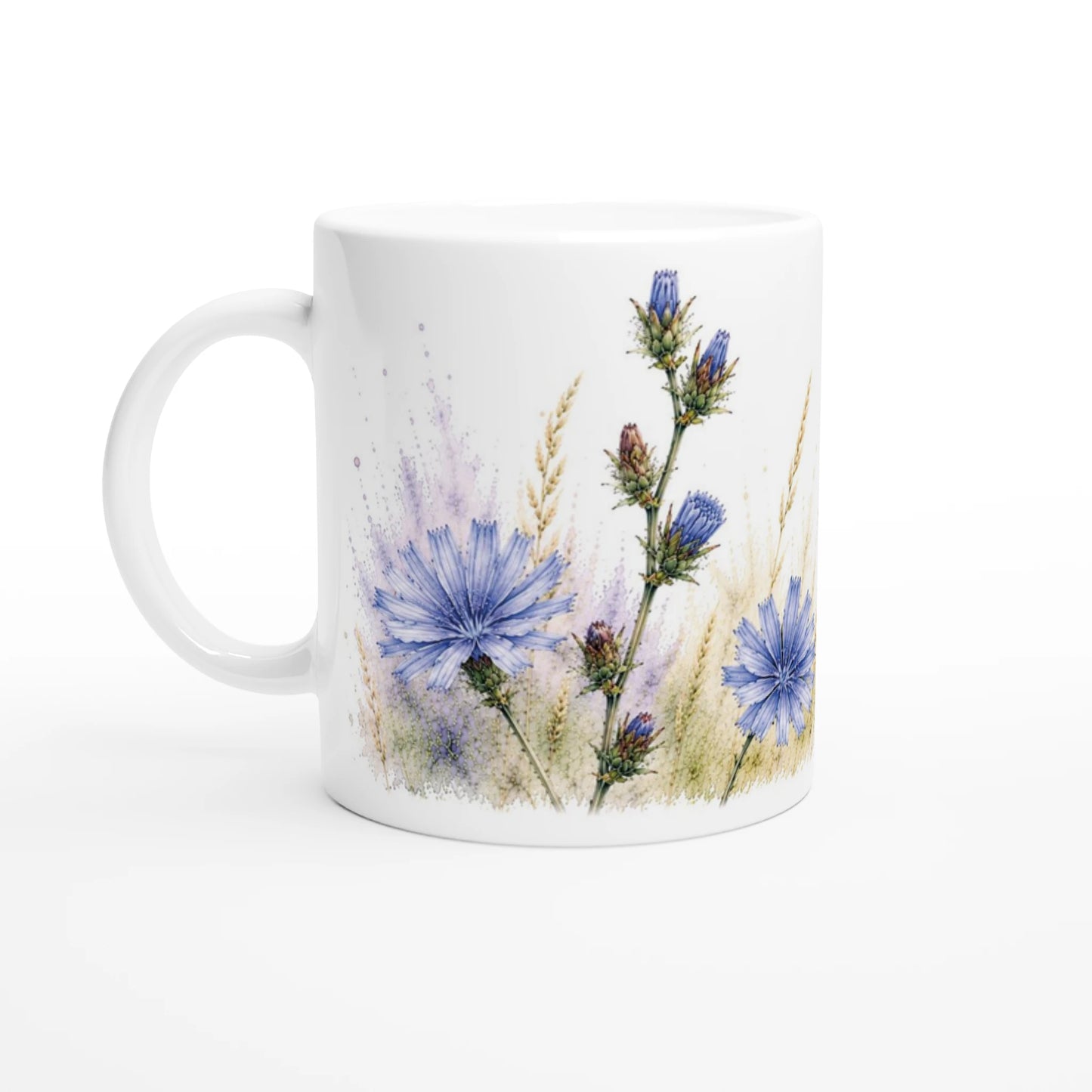 Botanische Illustration eines Distelfalters mit blauen Blumen und hellem Hintergrund