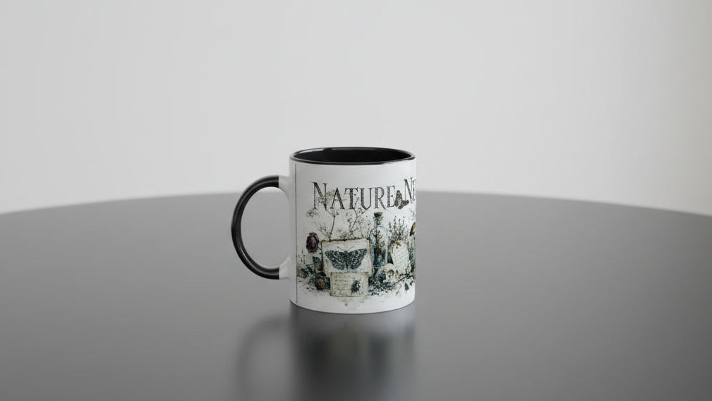 Gothic Tasse mit Schmetterlingspräparaten, Samenkapseln, Tierknochen und Glasglocke