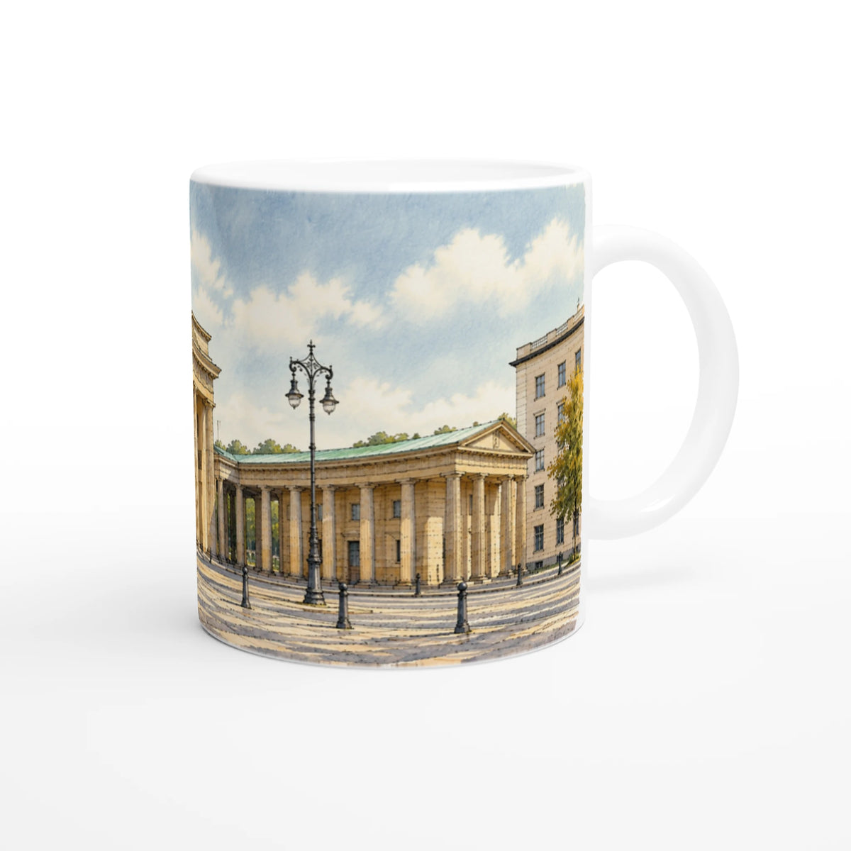 Detailreiche Illustration des Berliner Brandenburger Tors mit Quadriga, Säulenarchitektur und klassischer Platzansicht in warmen Aquarelltönen.