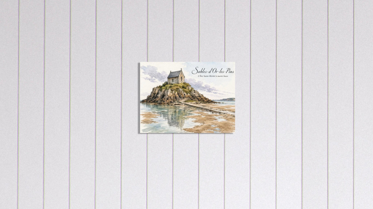 Bretonische Küstenlandschaft bei Ebbe mit spiegelnden Wasserflächen, Sandbänken und dem Îlot Saint-Michel als hochwertiger Fine-Art-Druck