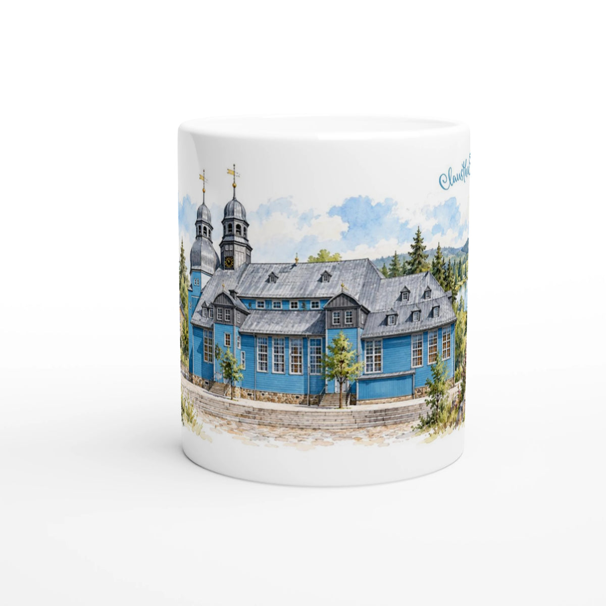 Detailansicht der blauen Marktkirche von Clausthal Zellerfeld als feine Aquarellillustration mit historischer Architektur