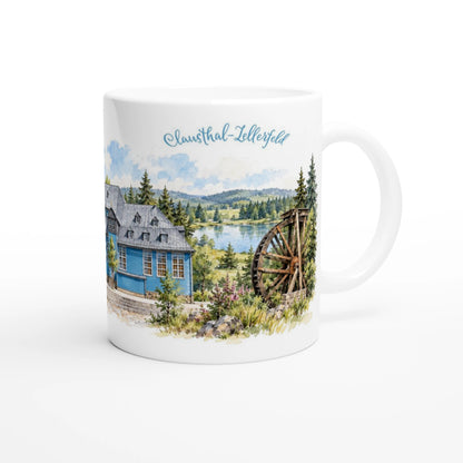 Clausthal Zellerfeld Tasse 330 ml mit Aquarellillustration der blauen Marktkirche, Oberharzer Landschaft und historischem Wasserrad