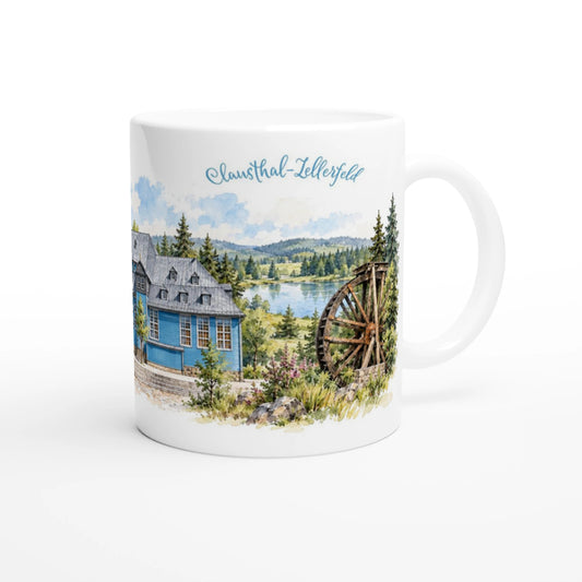 Clausthal Zellerfeld Tasse 330 ml mit Aquarellillustration der blauen Marktkirche, Oberharzer Landschaft und historischem Wasserrad