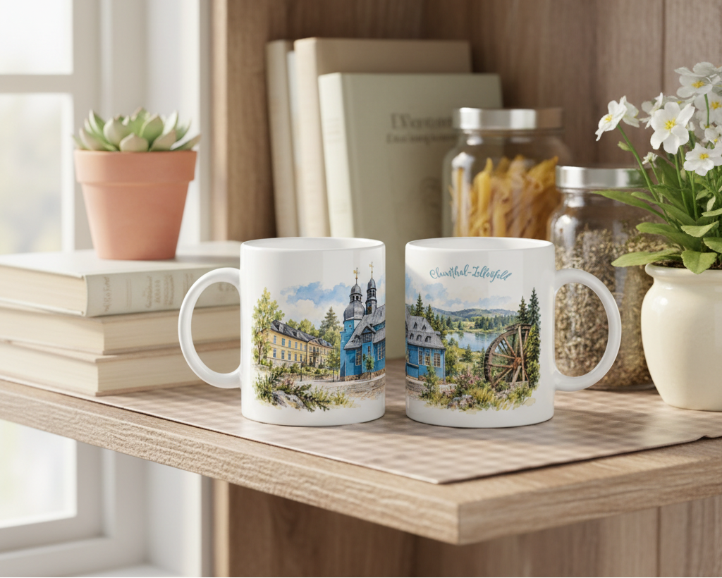 Blaue Keramiktasse mit Clausthal Zellerfeld Illustration und detailreicher Darstellung von Marktkirche, Oberharz und Bergbaugeschichte