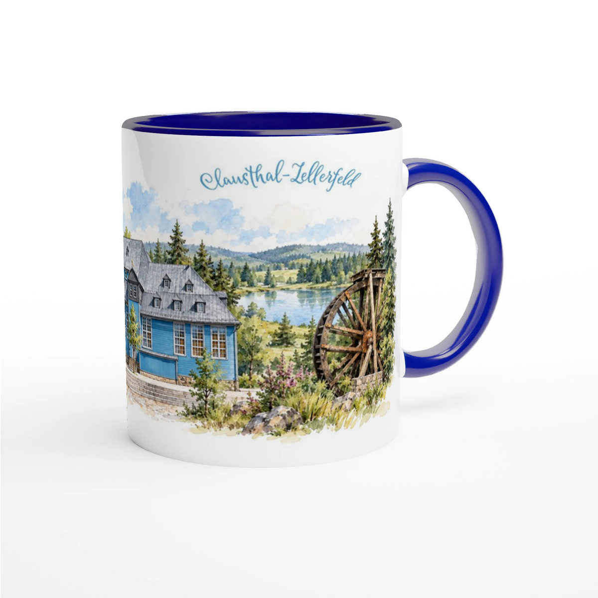 Weisse Keramiktasse mit Clausthal Zellerfeld Aquarellmotiv, blauer Marktkirche, Harzlandschaft und historischem Wasserrad