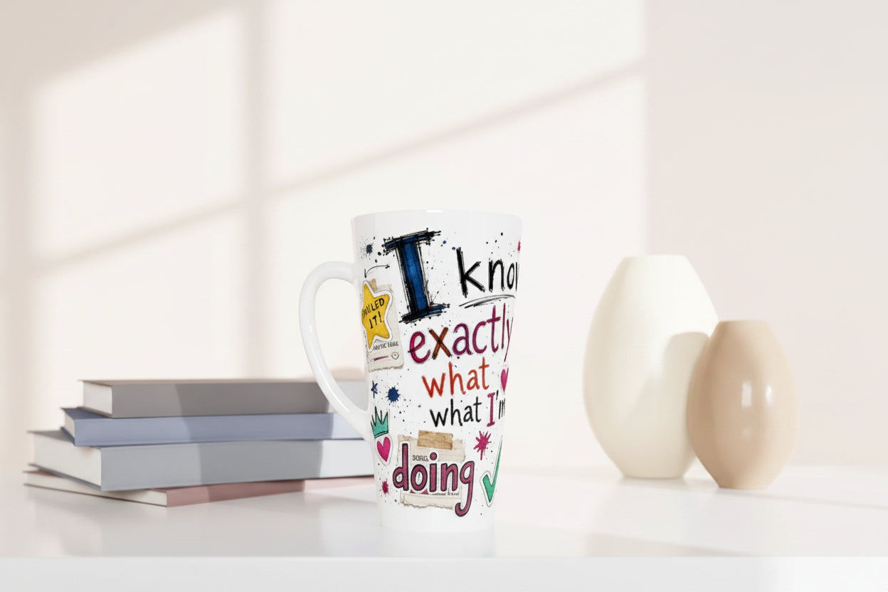 Weißer Latte Becher mit modernem Sketch Design und farbigen Akzenten