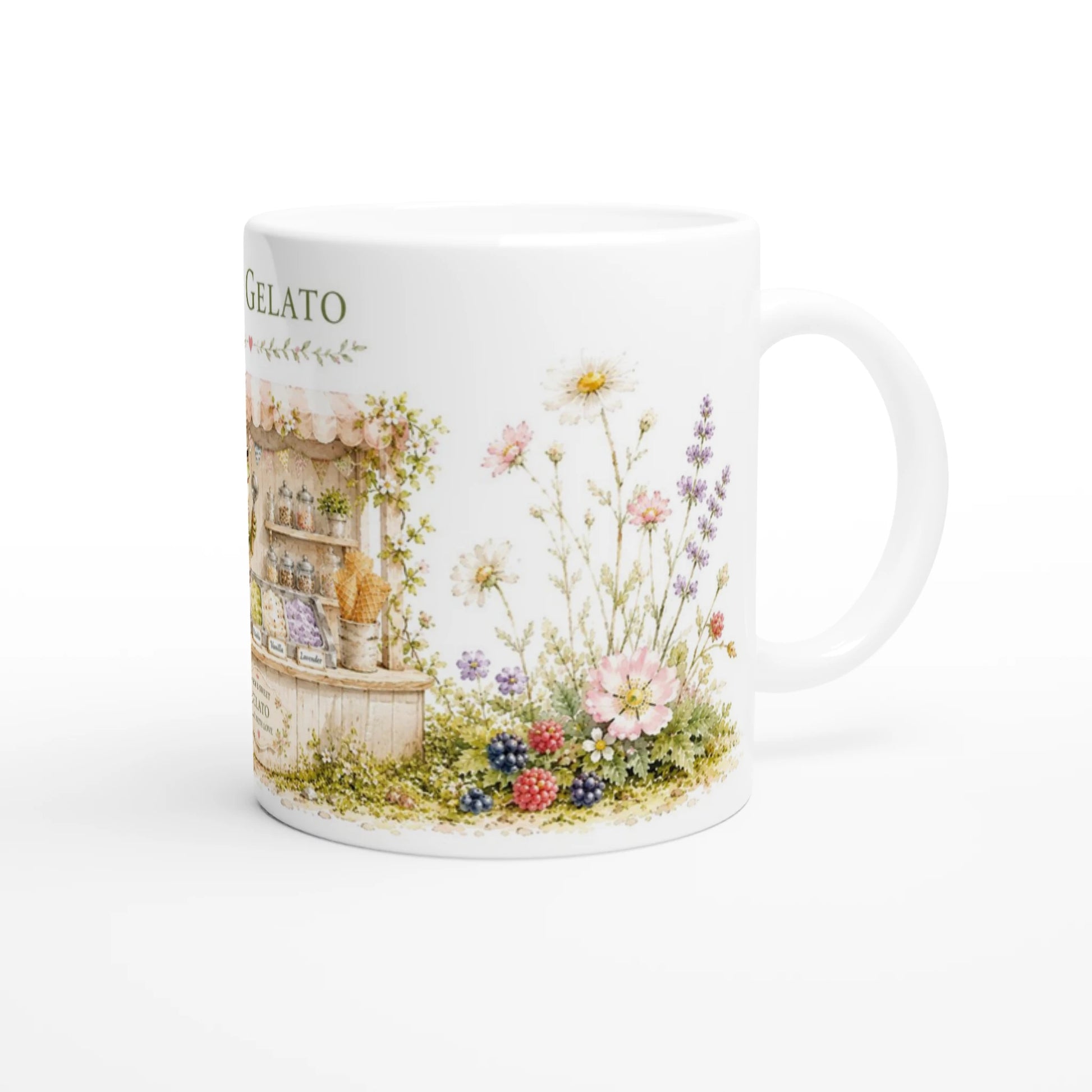 Liebevolle Frosch Illustration mit italienischer Gelateria, Waffeln, Eisbechern und blühender Gartenlandschaft
