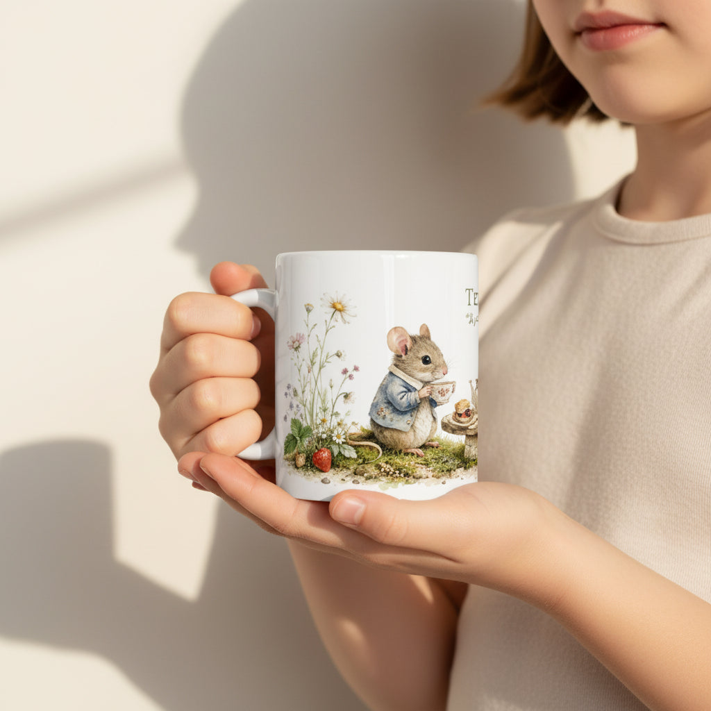 Märchenhafte Naturillustration mit Teestunde im blühenden Cottage-Garten