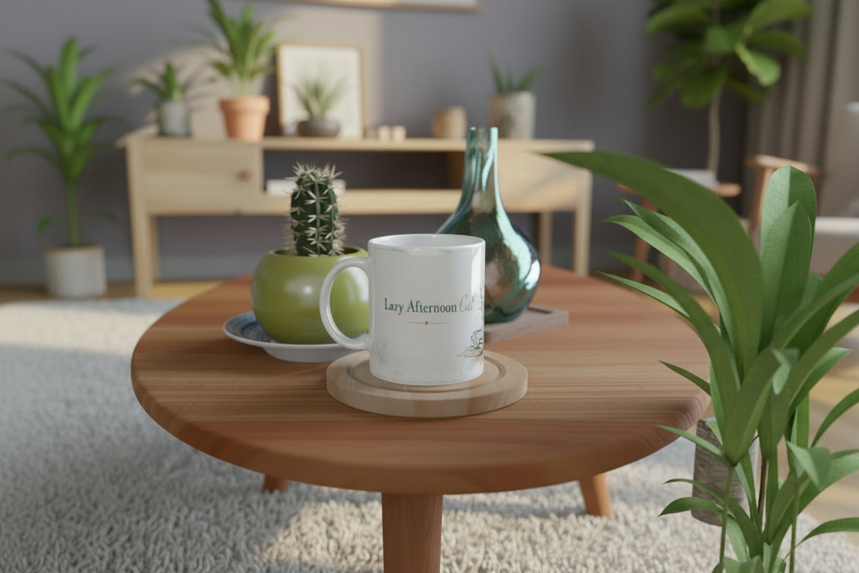 Gemuetliches Katzenmotiv mit Sofa, Kaffeetasse und entspannter Hygge Stimmung
