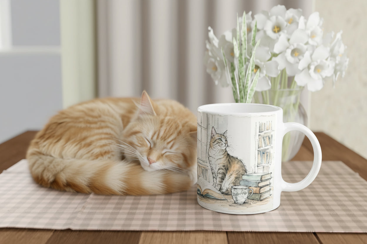 Aquarellmotiv einer Katze in einer gemuetlichen Buchhandlung mit geoeffnetem Buch