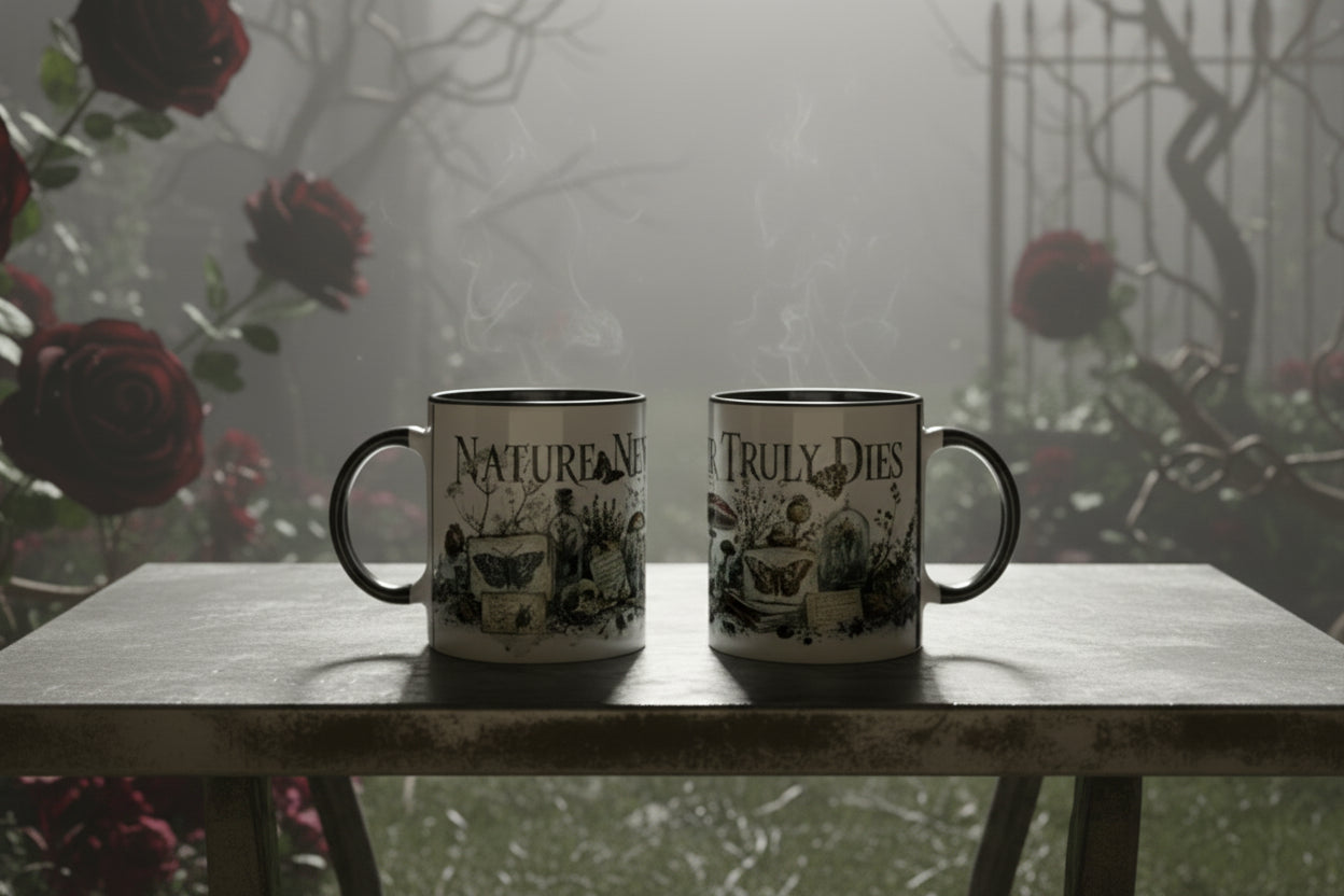 Weiße Keramiktasse mit schwarzer Innenseite und detailreicher Gothic-Naturillustration