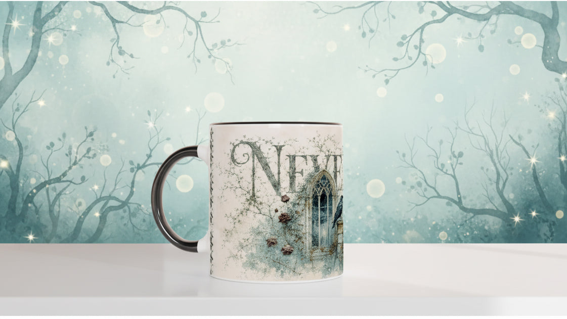 Dark-Academia-Tasse mit neugotischer Architektur, Gartenmauer und zwei schwarzen Raben