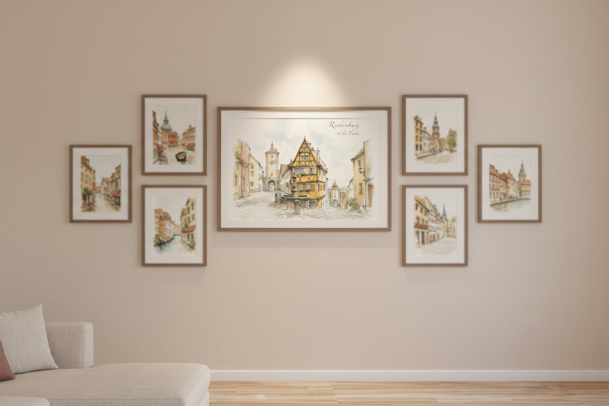 Detailreiche Reiseillustration des Plönleins in Rothenburg auf mattem Fine-Art-Papier